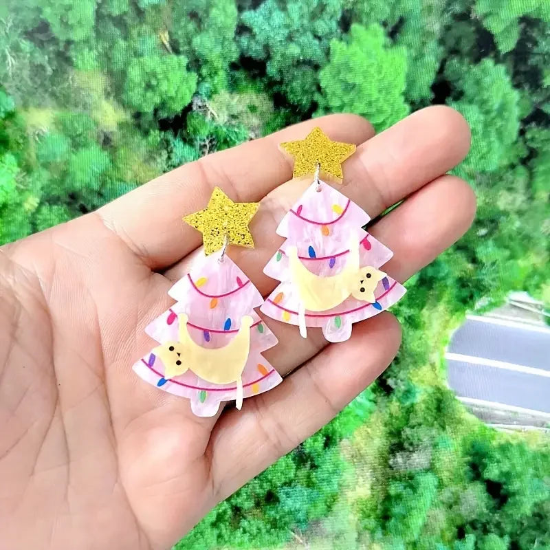 Cute Christmas Tree Dangle Earrings With Star Cat Design 🎄⭐🐱 Acrylic