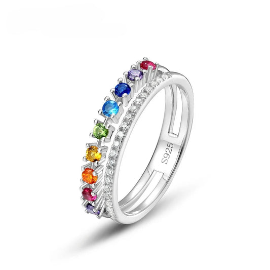 Kawaii Rainbow Love: ALLNOEL 925 Sterling Silver Double Ring with Colorful Zircon 🌈💖✨