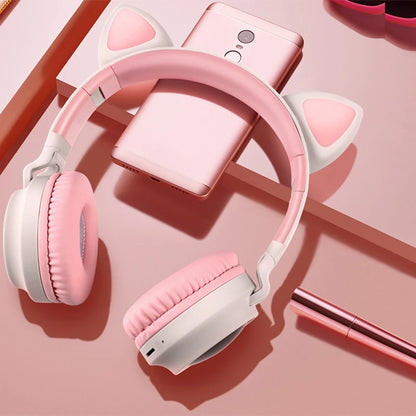 ✨ Kawaii Cat Ear Bluetooth Headphones 🎶 - Adorable LED Music Headset for Girls 💖 - Supports TF Card & FM Radio! 🌈