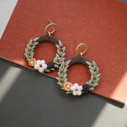 Handmade Floral Wreath Polymer Clay Pattern Earrings Set Multi Color Christmas Dangle Jewelry 🎄🌸✨
