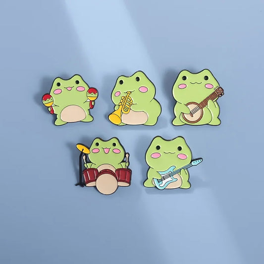 Kawaii Cartoon Frog Band Enamel Pins 🎶🐸 | Fun Drum & Guitar Brooches for Kids & Friends 🎸✨ | Cute Lapel Badges & Jewelry Gift