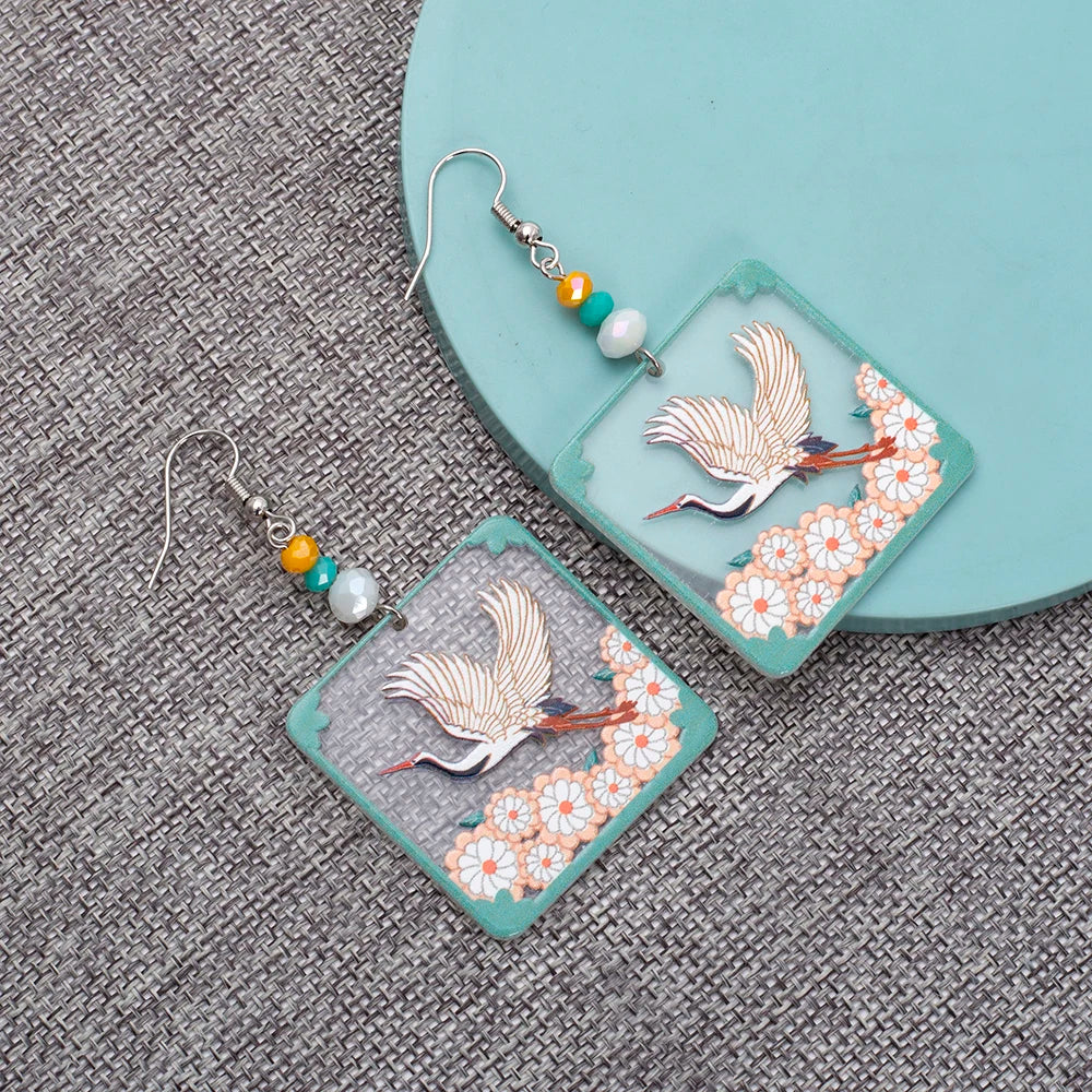 Transparent Square Acrylic Earrings With Crane Flower Design Geometric Drop 🌸