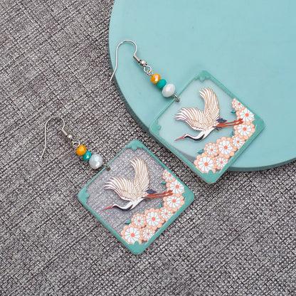Transparent Square Acrylic Earrings With Crane Flower Design Geometric Drop 🌸