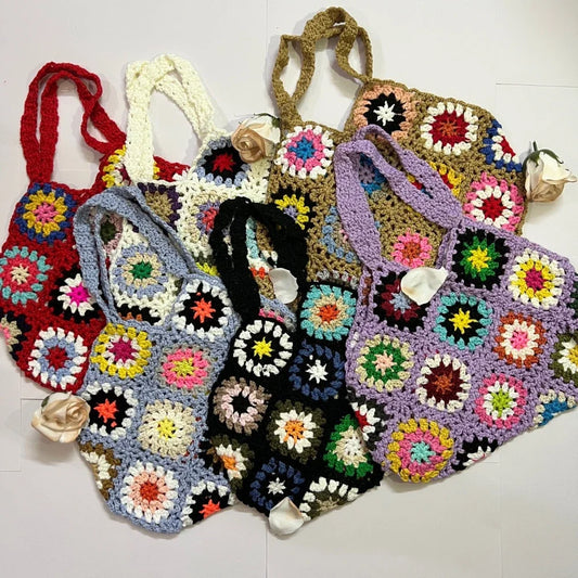 Boho Crochet Tote Bag Large Capacity Floral Handmade Knit Handbag Multicolor 👜✨
