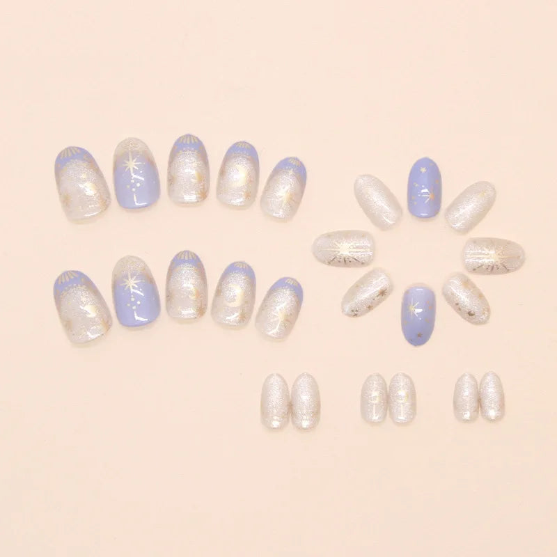 Kawaii Dreamy Starry Press-On Nails 🌙✨ | 24pcs Gradient Blue French Tips with Gold Moon Designs 🌟💅 for Sweet Almond Looks!