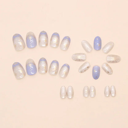 Kawaii Dreamy Starry Press-On Nails 🌙✨ | 24pcs Gradient Blue French Tips with Gold Moon Designs 🌟💅 for Sweet Almond Looks!