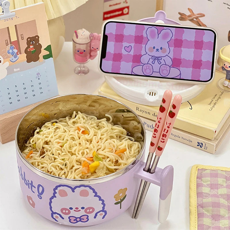 🐰 Adorable Stainless Steel Noodle Haven 🍜 - Portable Bento Bowl with Handle for Happy Lunches! - Pixie Quill