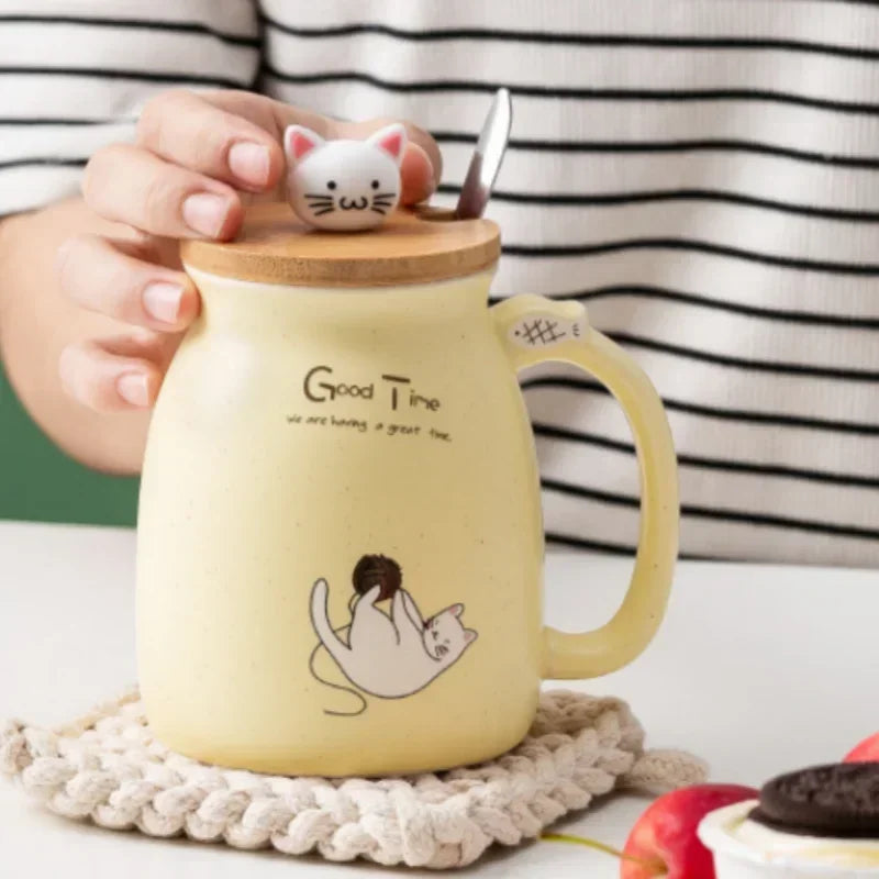 Kawaii Cat Ceramic Mug with Wooden Lid & Spoon 🐾💕 | Adorable Heat-Resistant Drinkware for Milk, Yogurt & More! 🍶✨