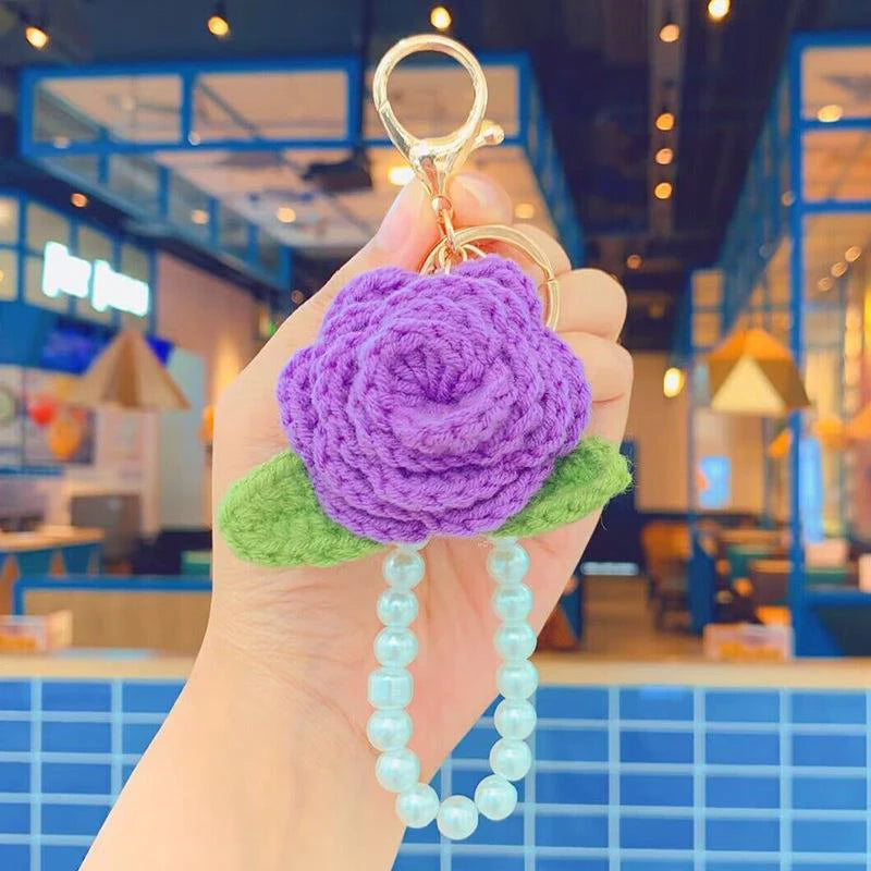 Fluffy Knit Rose Keychain Crochet Flower Pendant With Pearl Wrist Strap 🎀🌸🧶