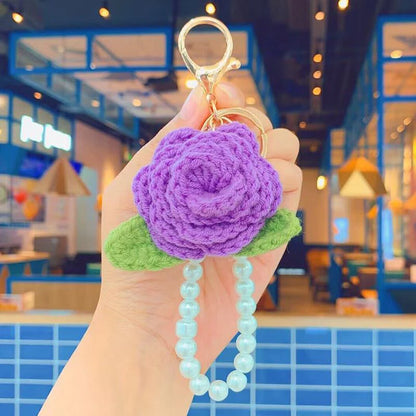 Fluffy Knit Rose Keychain Crochet Flower Pendant With Pearl Wrist Strap 🎀🌸🧶