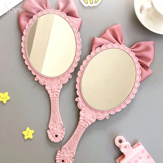 Kawaii Vintage Pink Makeup Mirror ✨🎀 Cute Bow Design, Portable Oval Round Beauty Tool 💖