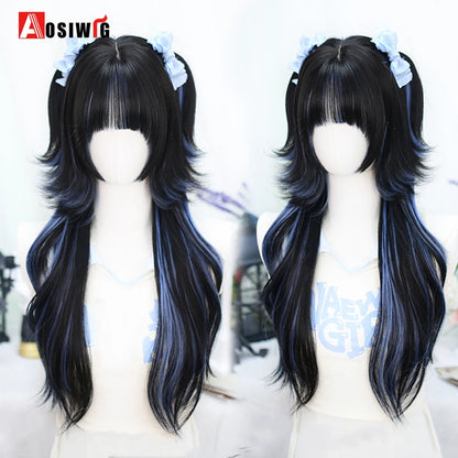 Kawaii Black & Blue Long Straight Lolita Wig 💖✨ Perfect for Cosplay & Parties! 🎉🎀