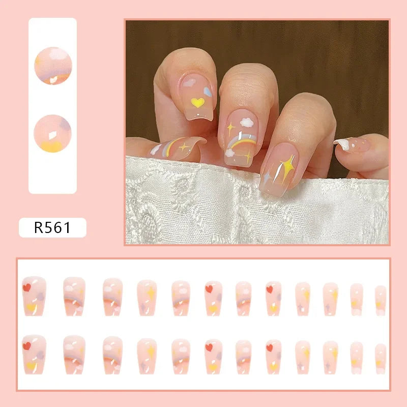 ✨ 24P Kawaii Rainbow Ballerina Press-On Nails 💅 - Adorable Full Cover Artificial Fake Nails for Creative Nail Art! 🌈