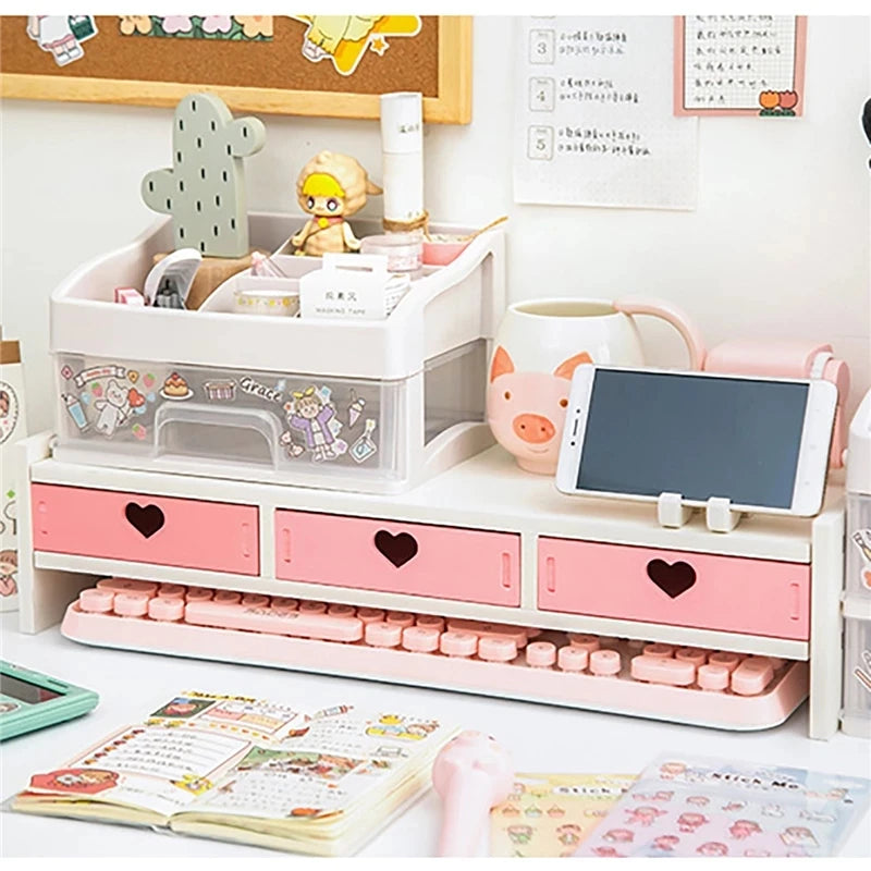 Kawaii Pink & White Heart Drawer Desk Organizer 💖✨ - Cute Monitor Riser & Stationery Holder for Students!