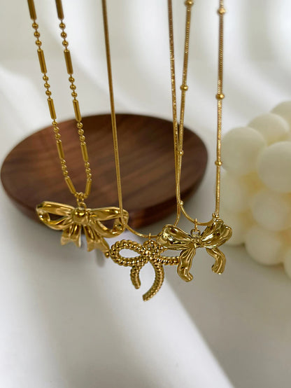 Charming Kawaii Gold Bow Knot Pendant Necklace 🌟✨ | Waterproof Stainless Steel Summer Jewelry for Women 💖