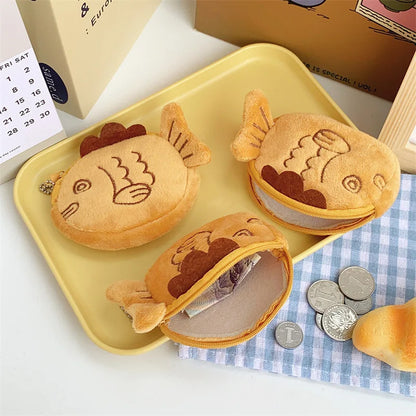 Kawaii Taiyaki Plush Pencil Case 🐟✨ - Adorable Lipstick & Key Zipper Storage Bag for Kids 🎀🎧