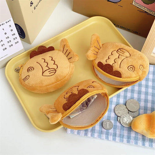 Kawaii Taiyaki Plush Pencil Case 🐟✨ - Adorable Lipstick & Key Zipper Storage Bag for Kids 🎀🎧