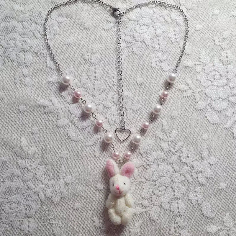 Kawaii Bunny Plush Pendant Necklace 🐰✨ - Adorable Y2K Fashion Accessory!