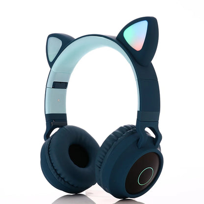✨ Kawaii Cat Ear Bluetooth Headphones 🎶 - Adorable LED Music Headset for Girls 💖 - Supports TF Card & FM Radio! 🌈