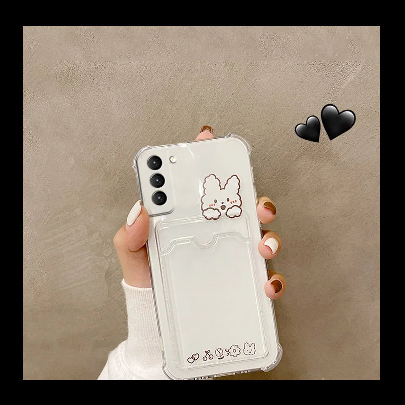 ✨ Adorable Transparent Bear Card Holder Case for Samsung Galaxy S22/S21/S20 FE/S10/S10e/Note 10/20 Plus Ultra 🐻💕