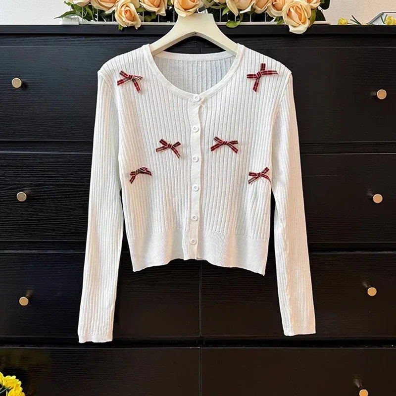Kawaii Bow-Embellished Cardigan 🌸 | Adorable Round Neck Knit Sweater for Women 💕 | Perfect for Spring & Autumn 🍂✨