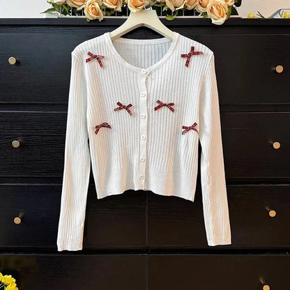 Kawaii Bow-Embellished Cardigan 🌸 | Adorable Round Neck Knit Sweater for Women 💕 | Perfect for Spring & Autumn 🍂✨
