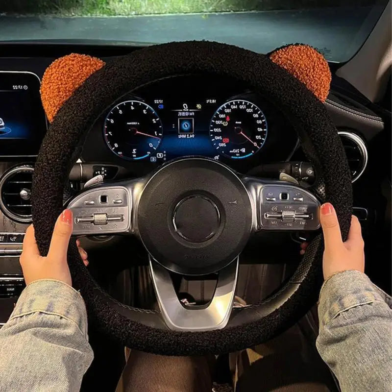 Kawaii Plush Bear Ear Steering Wheel Cover 🐻✨ | Cozy Cartoon Car Accessory for Winter 🥶🌟