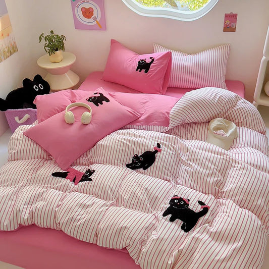 Kawaii Cat Dreamland Bedding Set 🐱💜 Cozy Duvet, Sheets & Pillowcases for Happy Sleep! 🌟✨