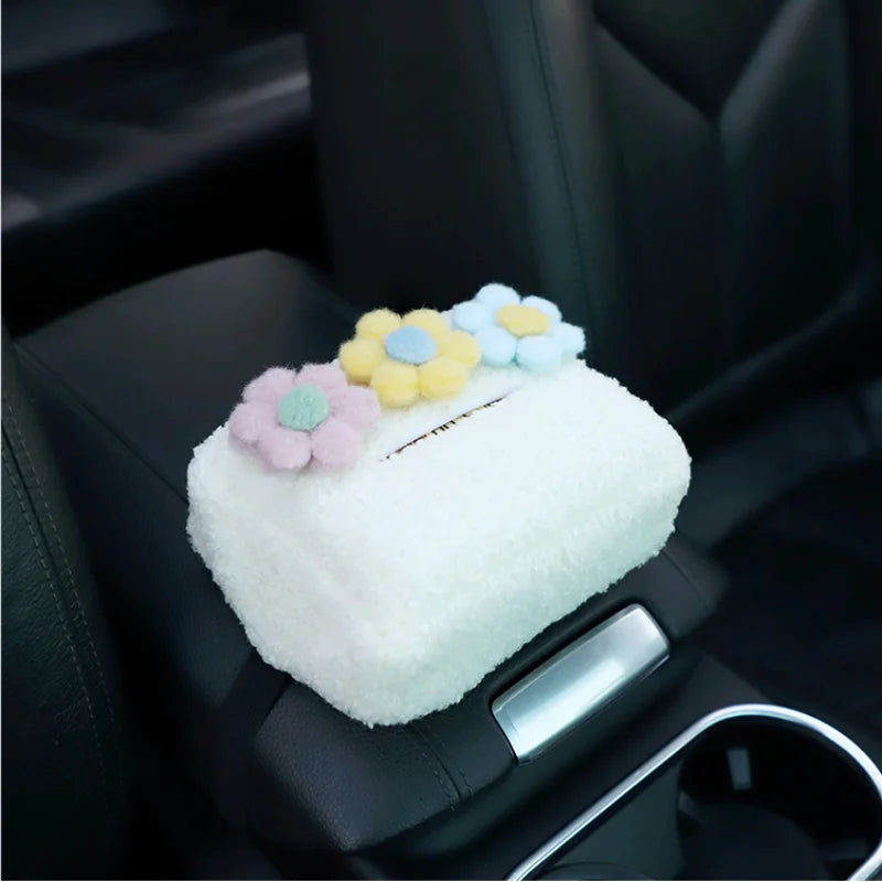 Kawaii Plush Flower Car Tissue Box 🌸✨ Hanging Organizer for Visor - Adorable Auto Accessory! 🚗💖