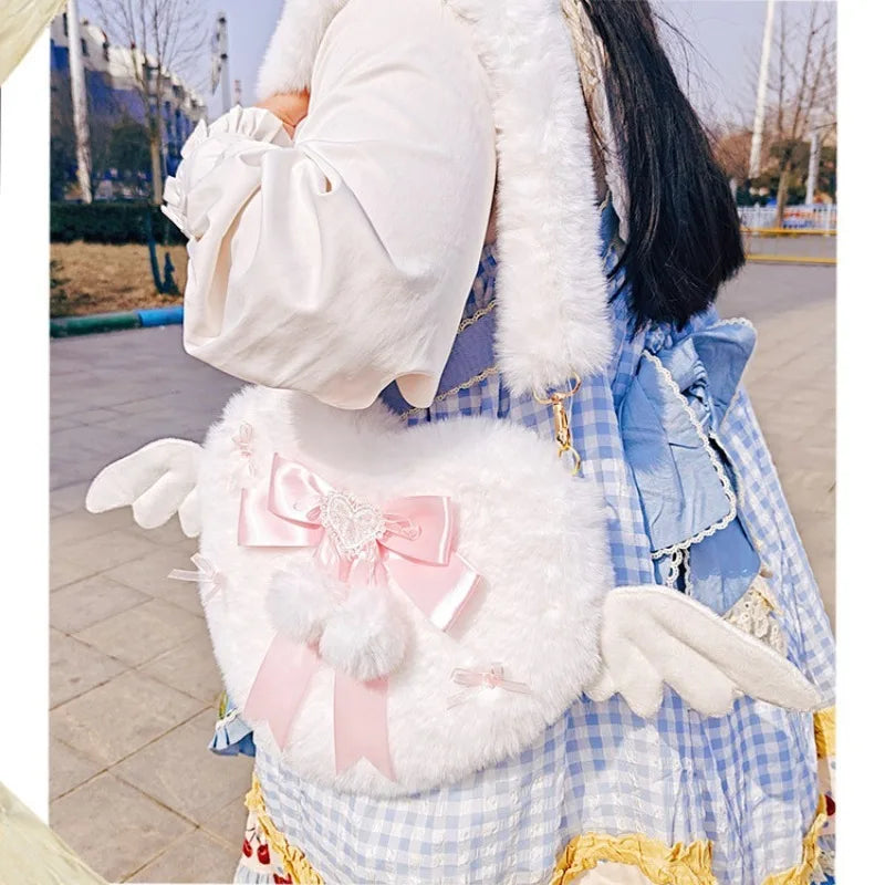 Kawaii Plush Heart Shoulder Bag 💖✨ | Fluffy Bow Armpit Bag 👜 | Cute Winged Lolita Aesthetic Fashion