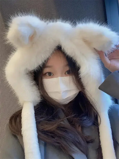Kawaii Cat Ear Winter Beanie 🐾✨ Fluffy Faux Fur Ski Hat for Spicy Girls 🧣❄️ Cozy Knitted Retro Cap