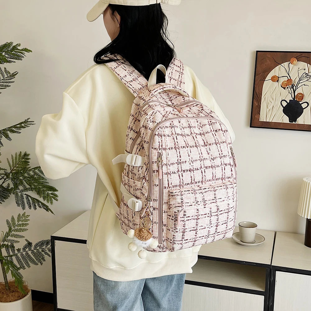Women Kawaii Strawberry Pattern Backpacks with Pendant Corduroy School Knapsack Multi-pockets Students Daily Schoolbags Mochilas - Pixie Quill