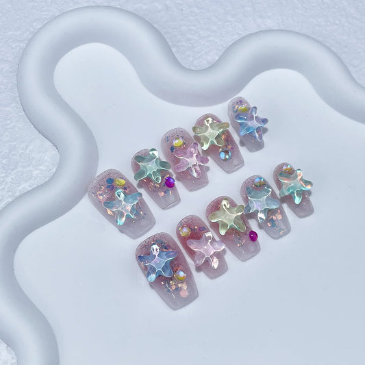 Kawaii 10Pcs Starfish & Rabbit Press-On Nails 🌊🐇✨ | Colorful Handmade Full Cover Nail Tips for a Cute Manicure!