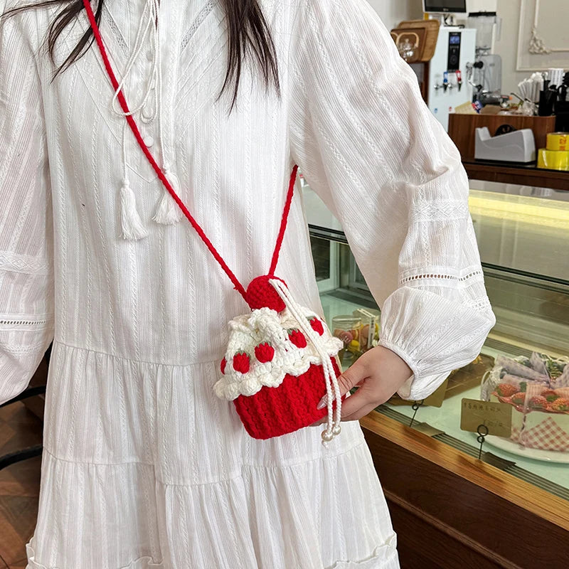 Strawberry Cake Knit Shoulder Bag Crochet Tote For Women Cute And Playful 🍓💖