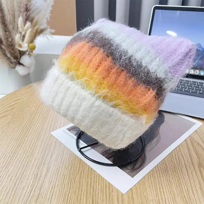 Kawaii Cat Ear Winter Beanie 🐾✨ Cozy Rainbow Knit for Women