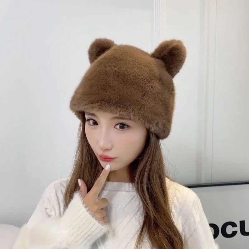 Cute Kawaii Black Bear Ears Plush Rabbit Fur Hat 🐻❄️ | Cozy Knitted Cap for Winter Fun!