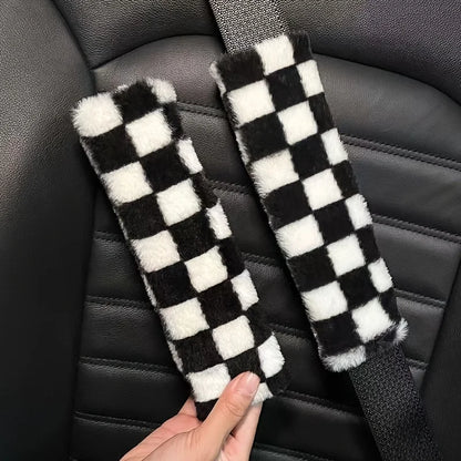 Kawaii Chessboard Grid Seat Belt Covers 🎉🐻 2pcs Cute Cartoon Shoulder Pads for Cozy Car Vibes 🚗✨