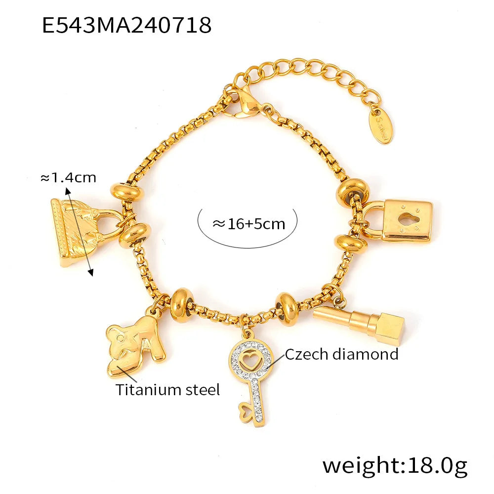Kawaii Moon & Heart Stainless Steel Charm Bracelet 🌙💖 | Cute Luxury Jewelry Gift for Women 🎁✨