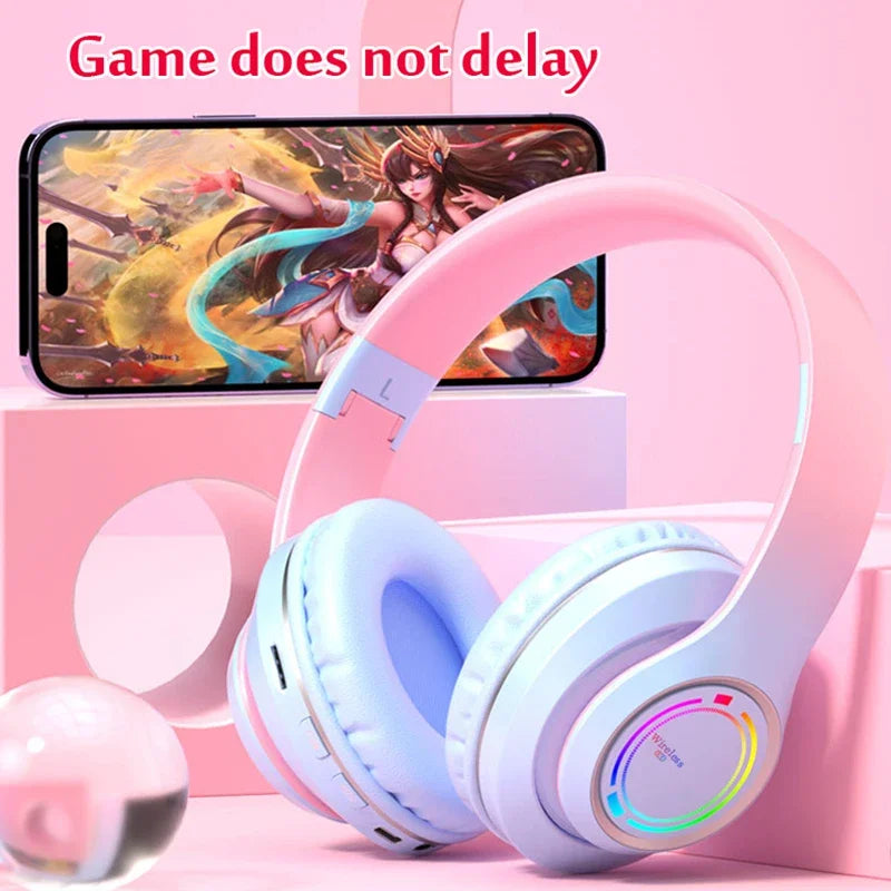 Kawaii Gradient Bluetooth Headphones 🎧✨ | Adorable Wireless Earphones for Girls 🌈🌸 | Foldable Stereo Headset for Gaming & More!