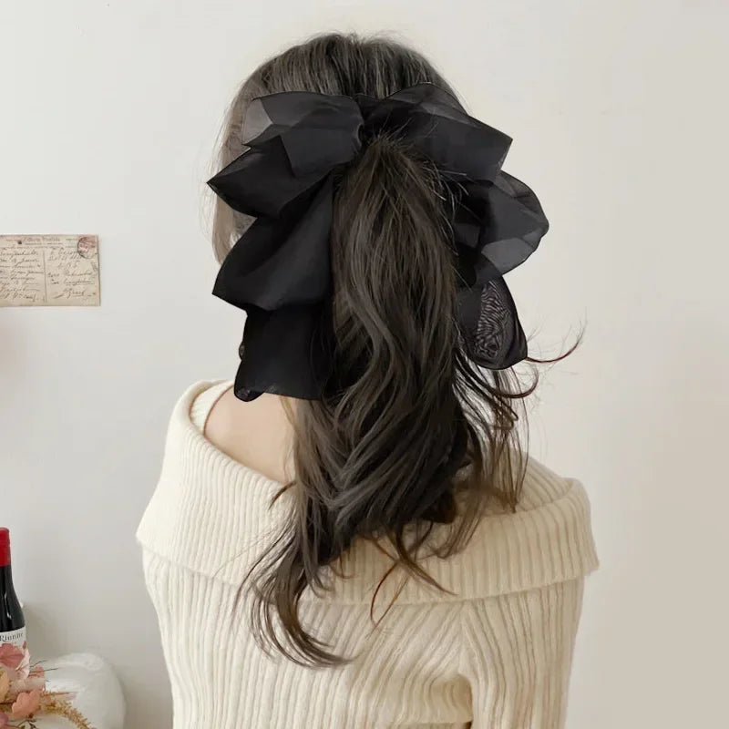 Charming Chiffon Bow Banana Clip 🎀✨ for High Ponytails – Vintage Style Hair Accessory 🐒🌸 - Pixie Quill