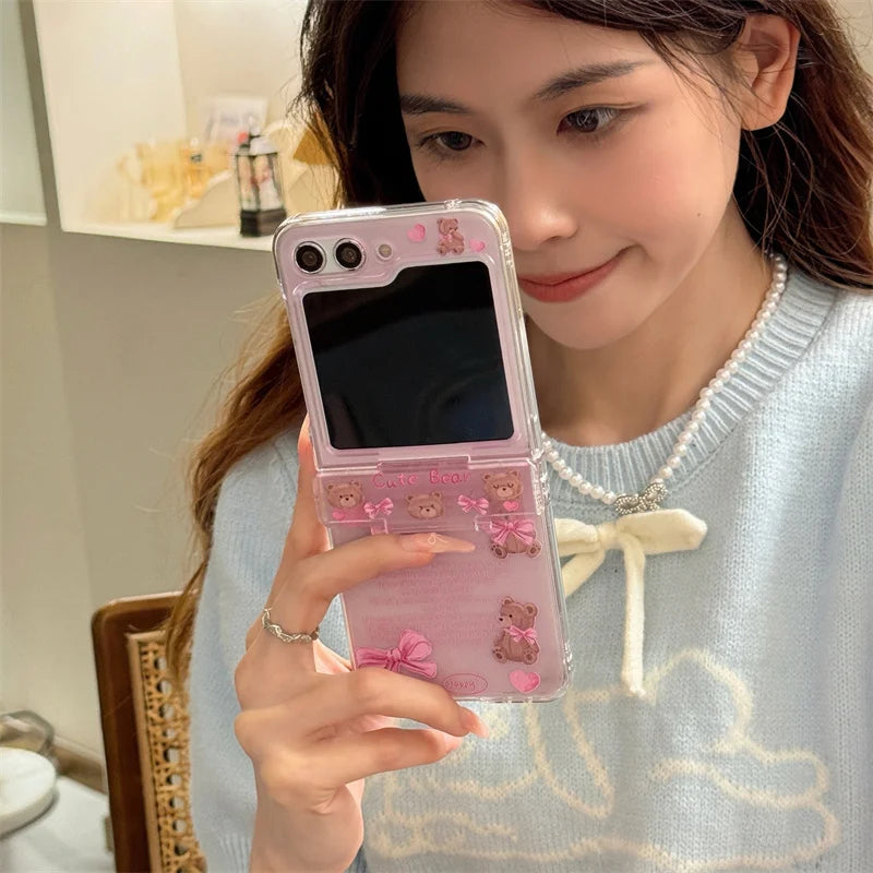🐻✨ Adorable Bear Hinge Phone Case for Samsung Galaxy Z Flip 6/5/4/3 - Clear Cover with Chain Strap! 🌈💖