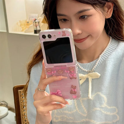 🐻✨ Adorable Bear Hinge Phone Case for Samsung Galaxy Z Flip 6/5/4/3 - Clear Cover with Chain Strap! 🌈💖