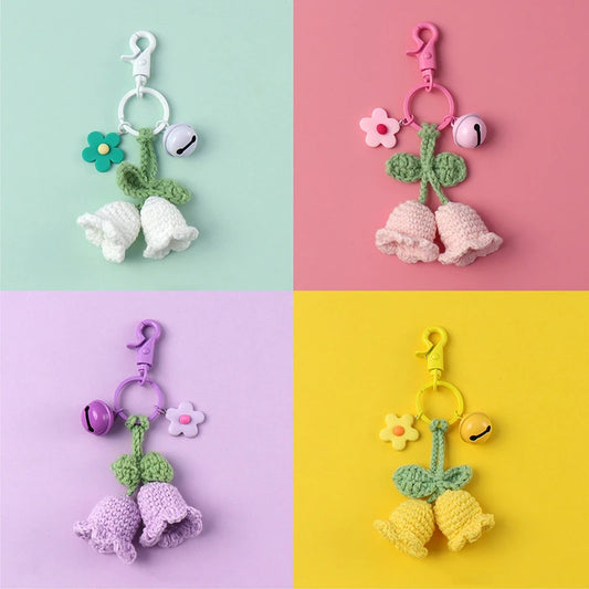 Fluffy Knitted Flower Keychain With Bell 🔔 Crocheted Wool Bag Charm For Women