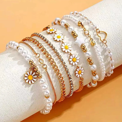 Whimsical Boho Star & Daisy Pearl Charm Bracelet Set 🌼✨ - Adjustable Eight-Piece Bangle for Fashionistas!