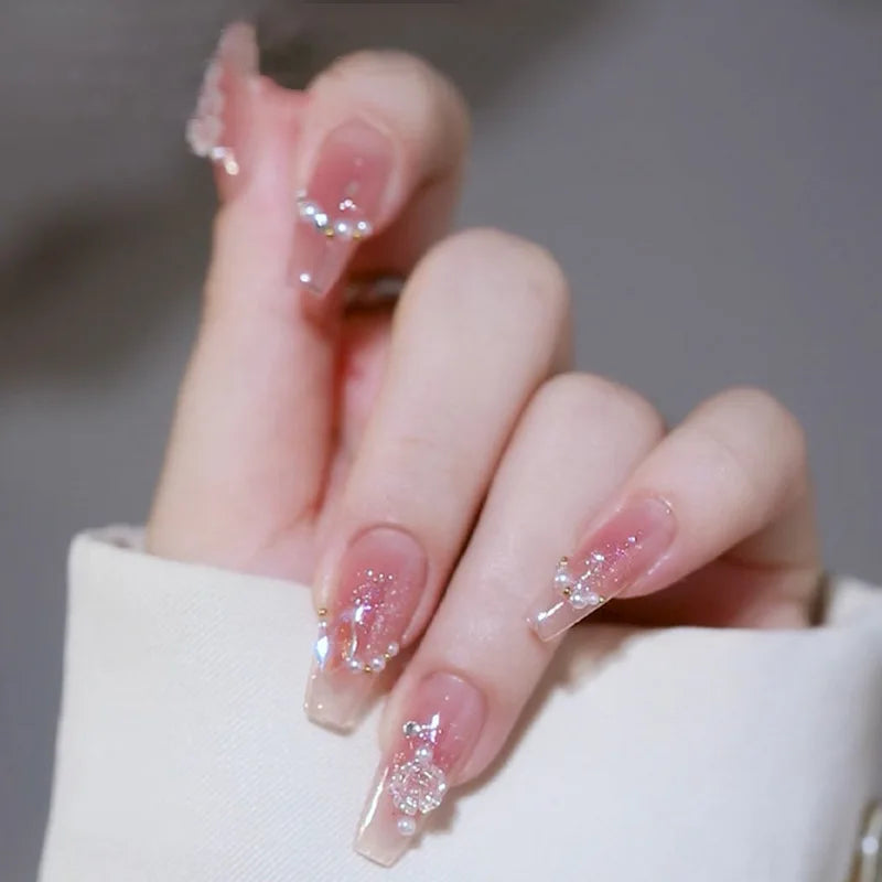 Kawaii Blush Pink 3D Bowknot & Pearl Press-On Nails 💖✨ | 24pcs Adorable Fake Nail Tips for Cute DIY Manicures!