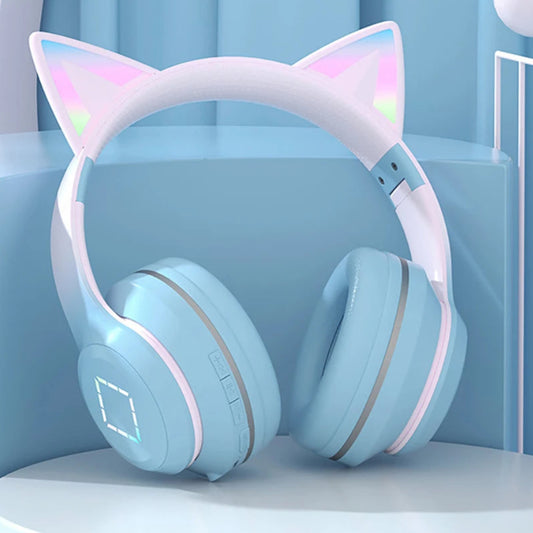 ✨ Kawaii Cat Ears LED Bluetooth Headphones 🎧 - Foldable Wireless Headset for Kids! 🐾🎶
