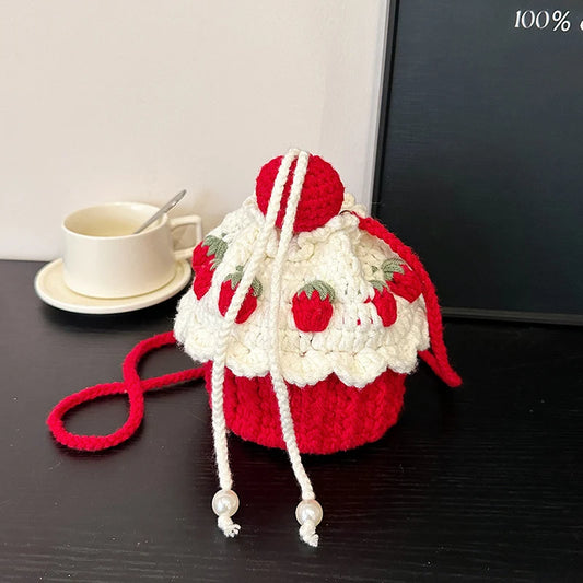 Strawberry Cake Knit Shoulder Bag Crochet Tote For Women Cute And Playful 🍓💖