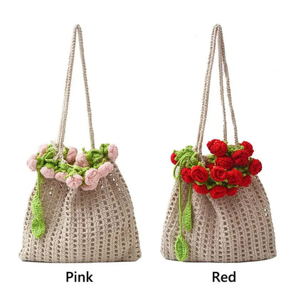 Rose Crochet Handbag Cute Spring Knitted Shoulder Bag Floral Bloom 🌸💖