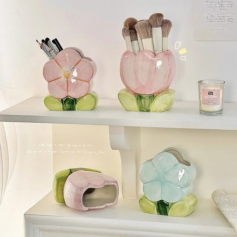 Kawaii Ceramic Flower Pen Holder 🌸 Cute Girl Desktop Organizer 🖊️ Adorable Office Storage Box 💖