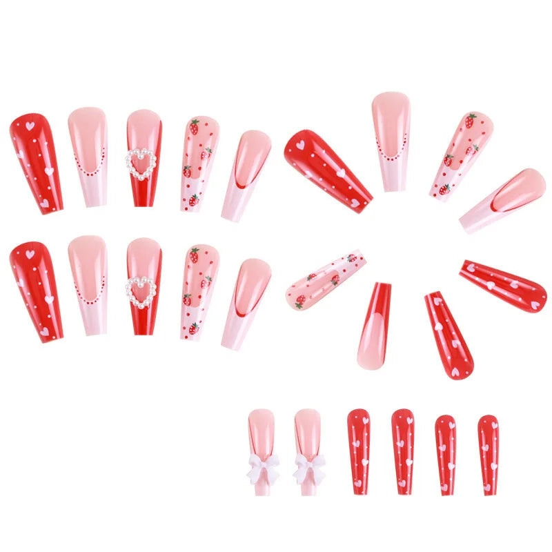 Kawaii Strawberry Heart Press-On Nails 🎀💕 - 24 Pcs Cute Pink Dot & Pearl Design for Nail Art